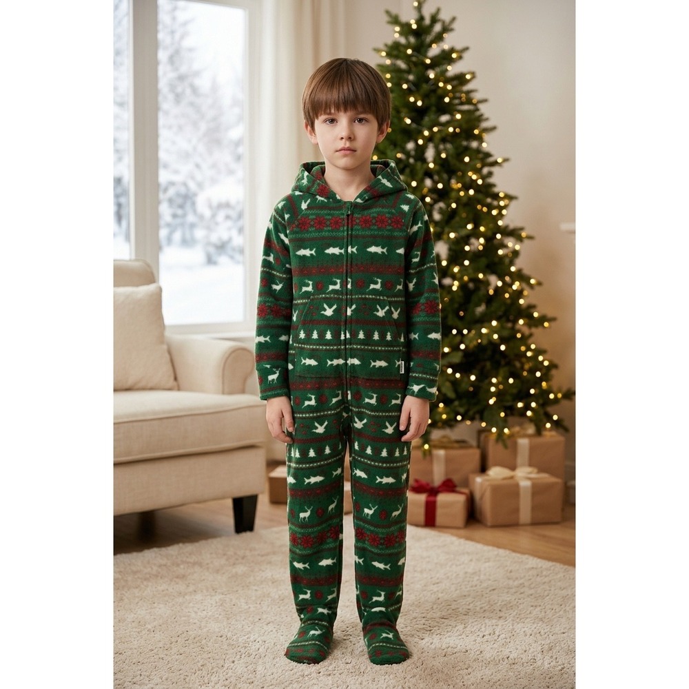 Magellan Outdoors Kids Green Fair Isle Reindeer Fish Fleece Hooded Size 4T